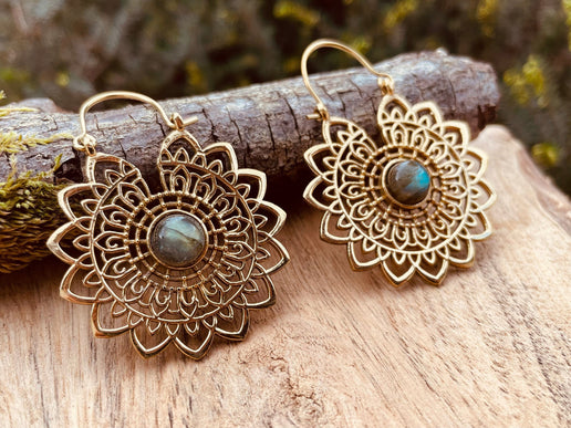 Golden Mandala Flower Labradorite Earrings ; Ethnic, Geometric, rustic, yoga, hippie, gypsy, pretty, boho, bohemian, festival