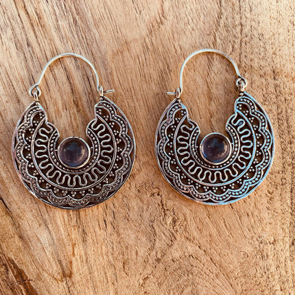 Amethyst & Silver Hoop Earrings Ethnic, rustic, yoga, hippie, gypsy, pretty, psy, boho, bohemian, festival