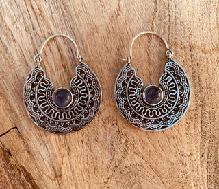 Amethyst & Silver Hoop Earrings Ethnic, rustic, yoga, hippie, gypsy, pretty, psy, boho, bohemian, festival