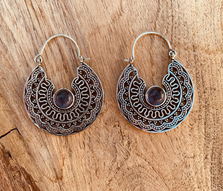 Amethyst & Silver Hoop Earrings Ethnic, rustic, yoga, hippie, gypsy, pretty, psy, boho, bohemian, festival