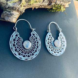 Silver Ethnic Moonstone Earrings Ethnic, rustic, yoga, hippie, gypsy, pretty, psy, boho, bohemian, festival