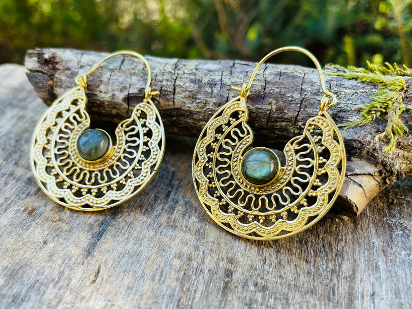 Labradorite & Brass Hoop Earrings Ethnic, rustic, yoga, hippie, gypsy, pretty, psy, boho, bohemian, festival