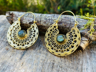 Labradorite & Brass Hoop Earrings Ethnic, rustic, yoga, hippie, gypsy, pretty, psy, boho, bohemian, festival