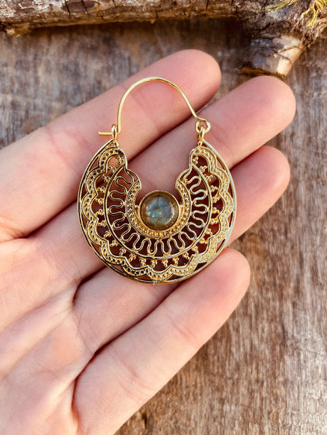 Labradorite & Brass Hoop Earrings Ethnic, rustic, yoga, hippie, gypsy, pretty, psy, boho, bohemian, festival