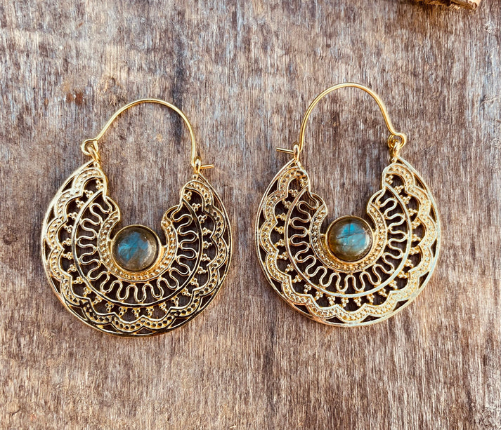 Labradorite & Brass Hoop Earrings Ethnic, rustic, yoga, hippie, gypsy, pretty, psy, boho, bohemian, festival
