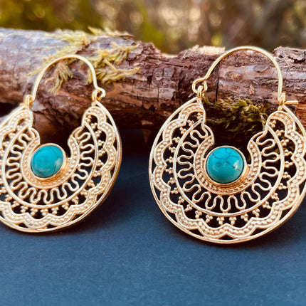 Golden Ethnic Turquoise Earrings Ethnic, rustic, yoga, hippie, gypsy, pretty, psy, boho, bohemian, festival