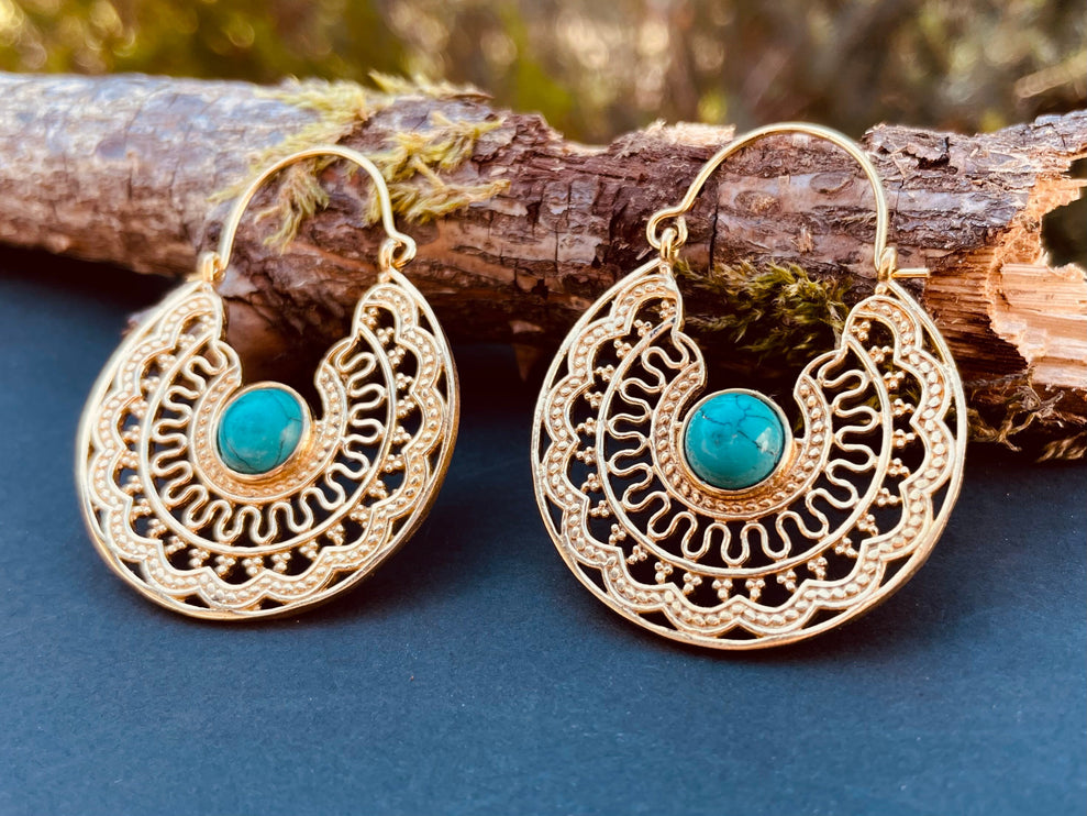 Golden Ethnic Turquoise Earrings Ethnic, rustic, yoga, hippie, gypsy, pretty, psy, boho, bohemian, festival