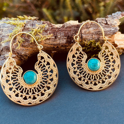 Golden Ethnic Turquoise Earrings Ethnic, rustic, yoga, hippie, gypsy, pretty, psy, boho, bohemian, festival