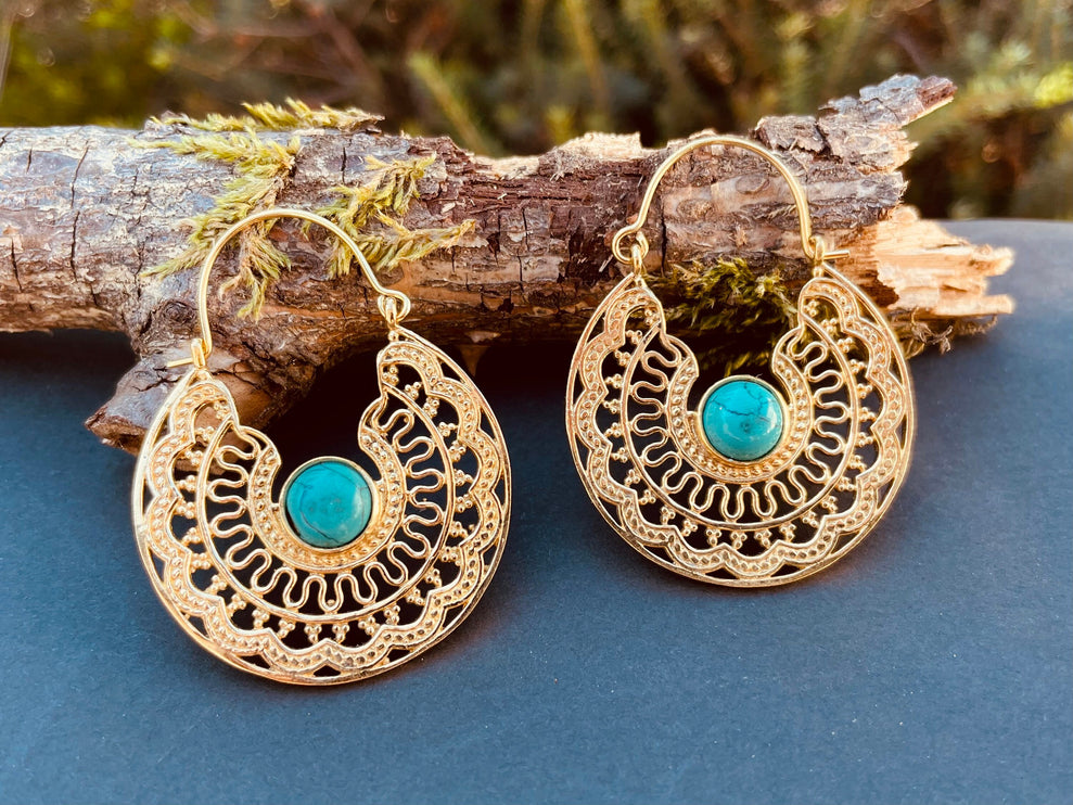 Golden Ethnic Turquoise Earrings Ethnic, rustic, yoga, hippie, gypsy, pretty, psy, boho, bohemian, festival