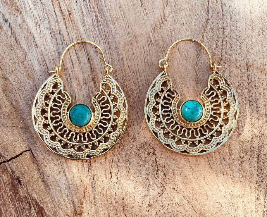 Golden Ethnic Turquoise Earrings Ethnic, rustic, yoga, hippie, gypsy, pretty, psy, boho, bohemian, festival