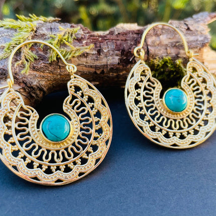 Golden Ethnic Turquoise Earrings Ethnic, rustic, yoga, hippie, gypsy, pretty, psy, boho, bohemian, festival