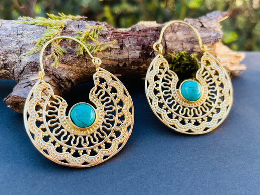 Golden Ethnic Turquoise Earrings Ethnic, rustic, yoga, hippie, gypsy, pretty, psy, boho, bohemian, festival