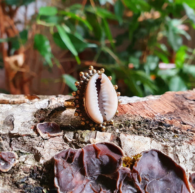 Cowrie Shell Brass Ring / Bohemian / Ethnic / Psy / Rustic / Tribal / Gypsy / Festival / Healing / Festival