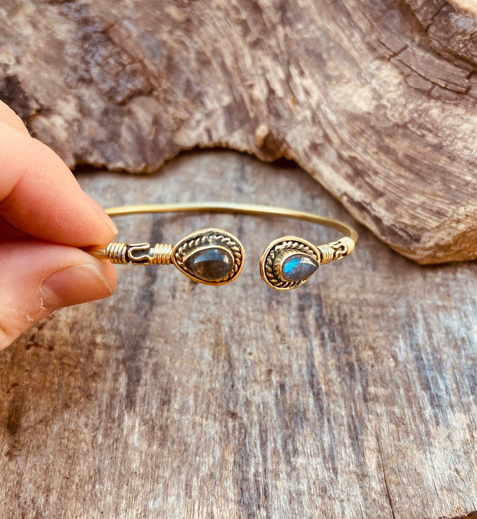 Labradorite Boho Bracelet / Bangle / Brass / Ethnic / Rustic / Bohemian / Hippie / Gypsy / Psy / Chic / Jewellery / Body / Adjustable