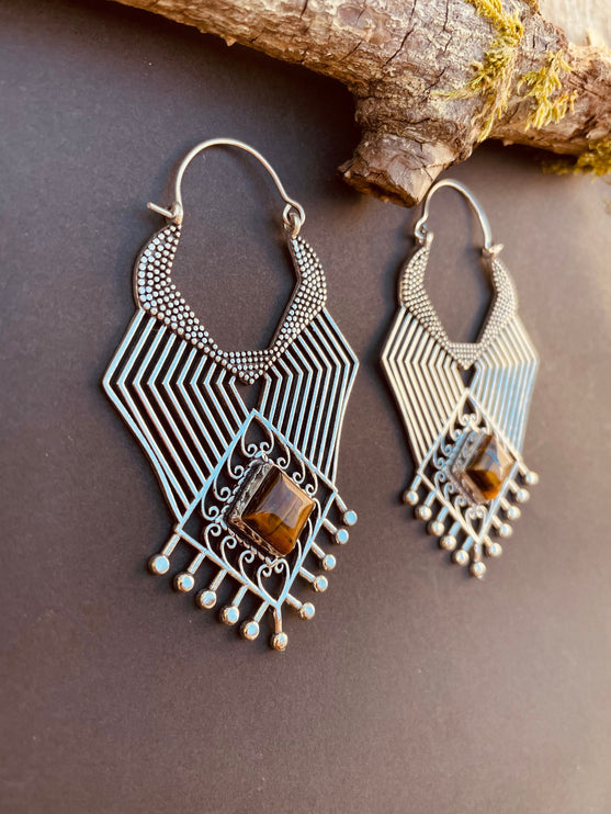 Ethnic Geometric Tiger Eye Silver Earrings / Tribal / Rustic / Yoga / Hippie / Gypsy / Psy / Boho / Bohemian / Festival