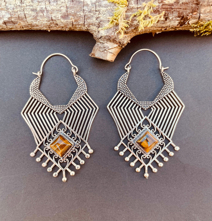 Ethnic Geometric Tiger Eye Silver Earrings / Tribal / Rustic / Yoga / Hippie / Gypsy / Psy / Boho / Bohemian / Festival