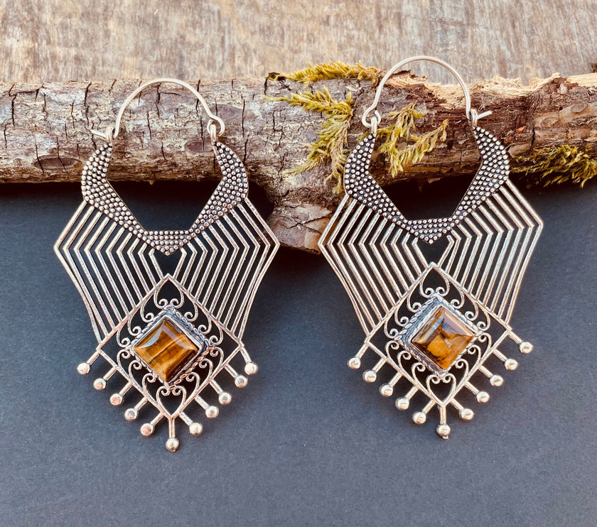 Ethnic Geometric Tiger Eye Silver Earrings / Tribal / Rustic / Yoga / Hippie / Gypsy / Psy / Boho / Bohemian / Festival