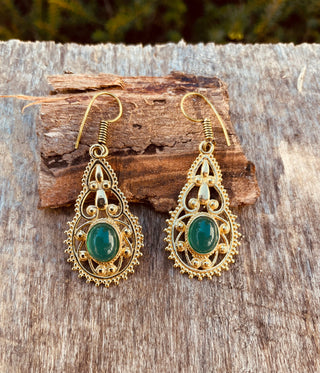 Green Onyx earrings Brass Drop Dangle earrings / Birth Stone / Ethnic / rustic, yoga, hippie, gypsy, pretty, psy, boho, bohemian, festival