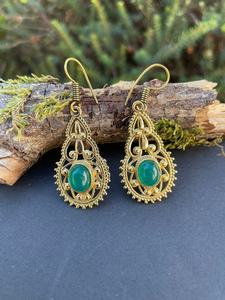 Green Onyx earrings Brass Drop Dangle earrings / Birth Stone / Ethnic / rustic, yoga, hippie, gypsy, pretty, psy, boho, bohemian, festival