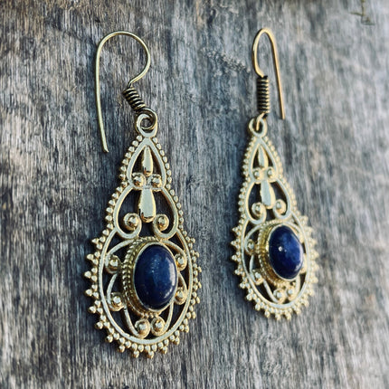 Lapis Lazuli earrings Brass Drop Dangle earrings / Birth Stone / Ethnic / rustic, yoga, hippie, gypsy, pretty, psy, boho, bohemian, festival