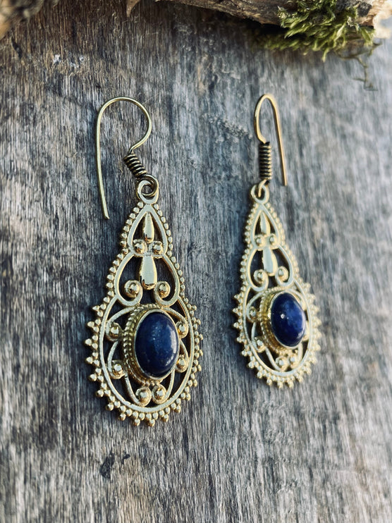 Lapis Lazuli earrings Brass Drop Dangle earrings / Birth Stone / Ethnic / rustic, yoga, hippie, gypsy, pretty, psy, boho, bohemian, festival