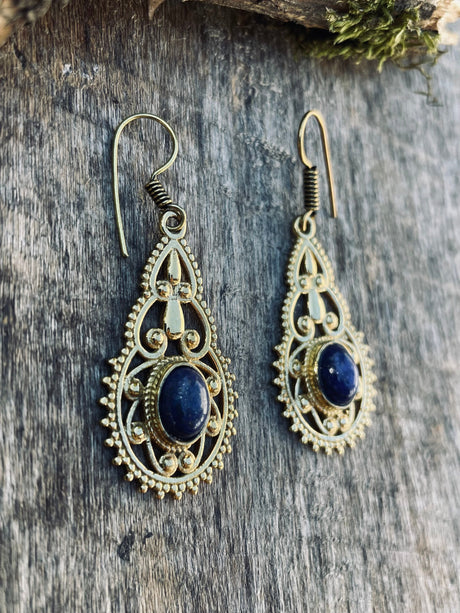 Lapis Lazuli earrings Brass Drop Dangle earrings / Birth Stone / Ethnic / rustic, yoga, hippie, gypsy, pretty, psy, boho, bohemian, festival