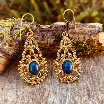 Lapis Lazuli earrings Brass Drop Dangle earrings / Birth Stone / Ethnic / rustic, yoga, hippie, gypsy, pretty, psy, boho, bohemian, festival