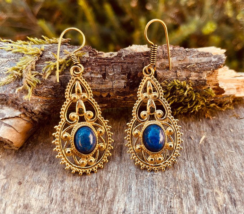 Lapis Lazuli earrings Brass Drop Dangle earrings / Birth Stone / Ethnic / rustic, yoga, hippie, gypsy, pretty, psy, boho, bohemian, festival