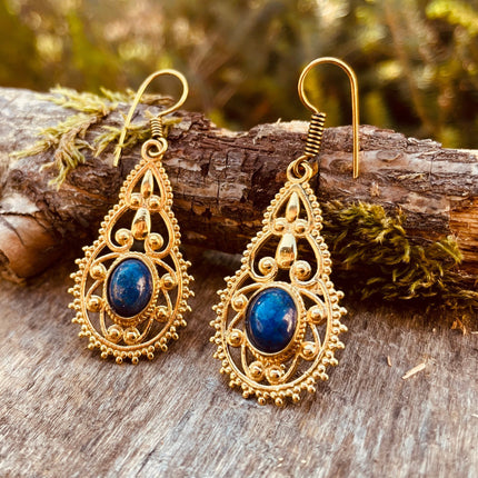 Lapis Lazuli earrings Brass Drop Dangle earrings / Birth Stone / Ethnic / rustic, yoga, hippie, gypsy, pretty, psy, boho, bohemian, festival