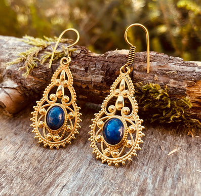 Lapis Lazuli earrings Brass Drop Dangle earrings / Birth Stone / Ethnic / rustic, yoga, hippie, gypsy, pretty, psy, boho, bohemian, festival