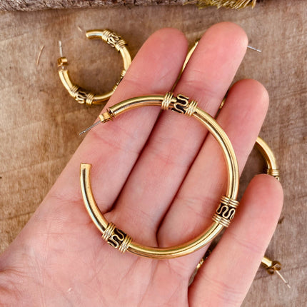 Gold Tribal Hoop Earrings / Brass / Ethnic / Rustic / Bohemian / Gold / Gypsy / Spiral / Hippie / Chunky / Festival / style