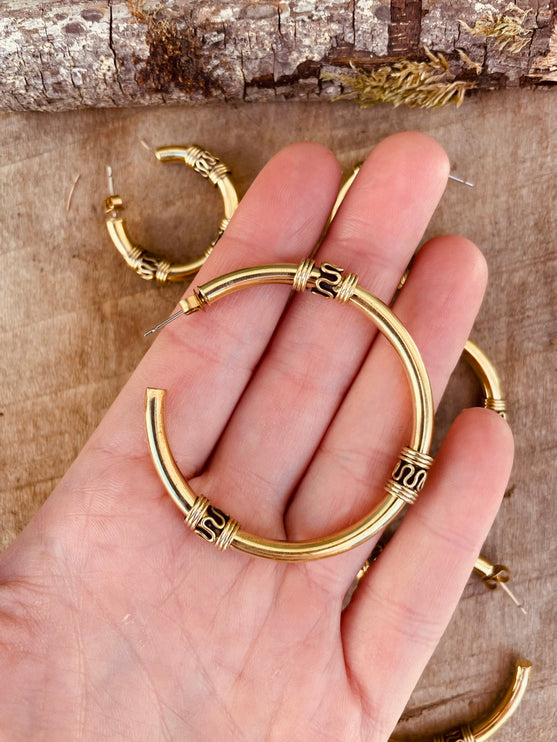 Gold Tribal Hoop Earrings / Brass / Ethnic / Rustic / Bohemian / Gold / Gypsy / Spiral / Hippie / Chunky / Festival / style