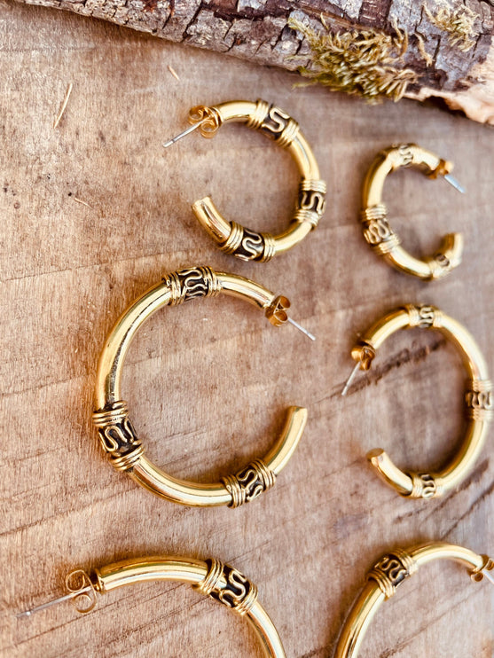 Gold Tribal Hoop Earrings / Brass / Ethnic / Rustic / Bohemian / Gold / Gypsy / Spiral / Hippie / Chunky / Festival / style