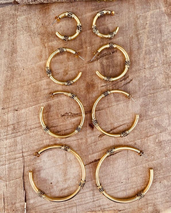 Gold Tribal Hoop Earrings / Brass / Ethnic / Rustic / Bohemian / Gold / Gypsy / Spiral / Hippie / Chunky / Festival / style