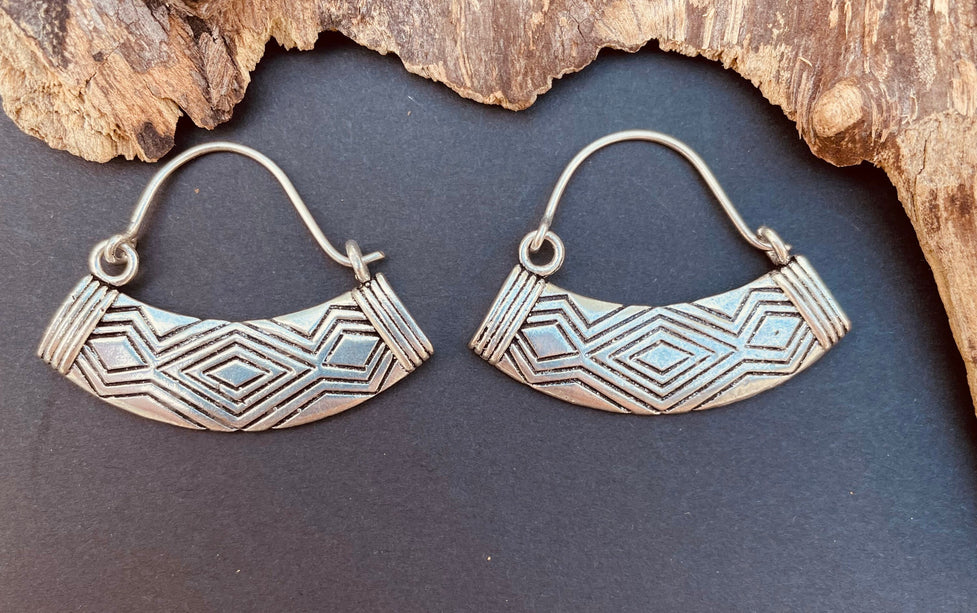 Aztec Inca Style Silver Earrings; Tunnels Ear Weights, Ethnic, Geometric, rustic, hippie, gypsy, pretty, psy, boho, bohemian, festival