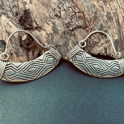 Aztec Inca Style Silver Earrings; Tunnels Ear Weights, Ethnic, Geometric, rustic, hippie, gypsy, pretty, psy, boho, bohemian, festival