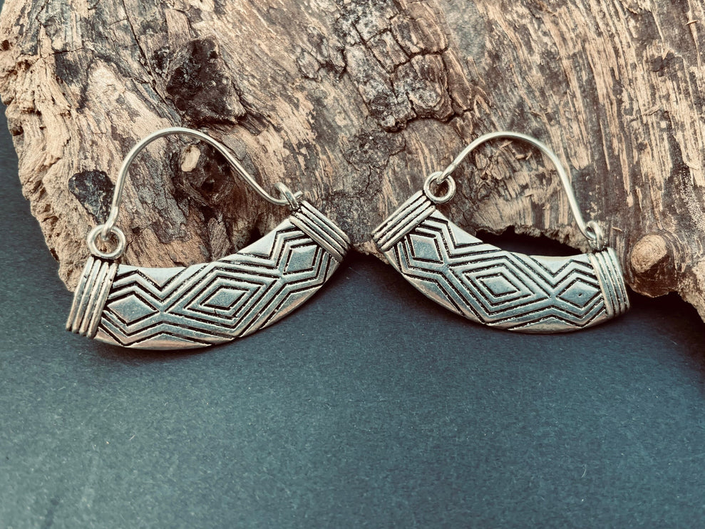 Aztec Inca Style Silver Earrings; Tunnels Ear Weights, Ethnic, Geometric, rustic, hippie, gypsy, pretty, psy, boho, bohemian, festival