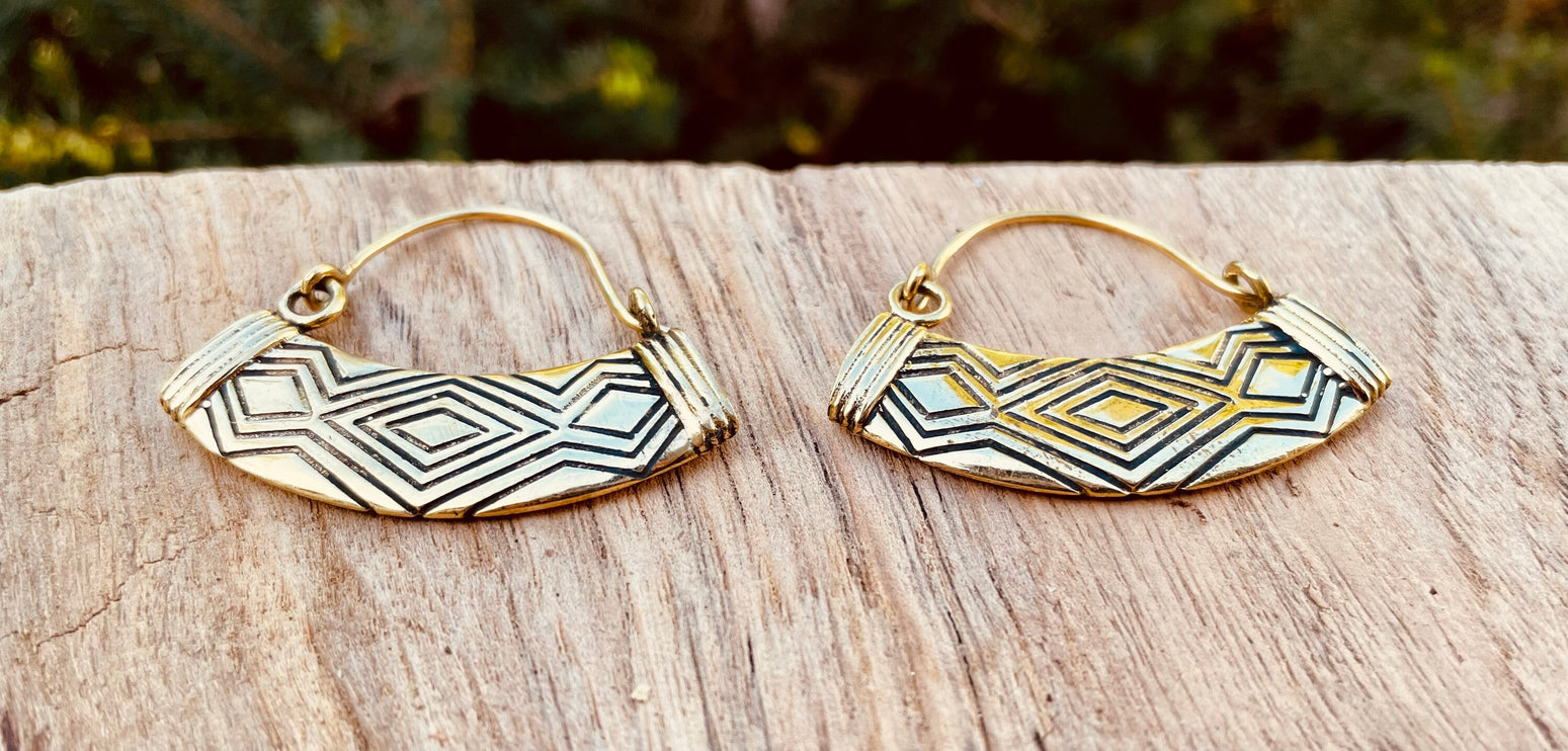 Aztec Inca Style Silver Earrings; Tunnels Ear Weights, Brass Ethnic, Geometric, rustic, hippie, gypsy, pretty, psy, boho, bohemian, festival