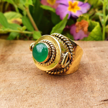 Gold Poison Ring / Brass & Green Onyx / Alchemy / Locket Ring / Boho / Bohemian / Rustic / Tribal / Gypsy / Festival / Healing / Festival