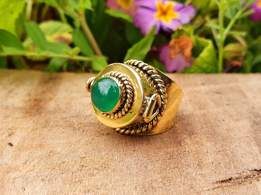 Gold Poison Ring / Brass & Green Onyx / Alchemy / Locket Ring / Boho / Bohemian / Rustic / Tribal / Gypsy / Festival / Healing / Festival