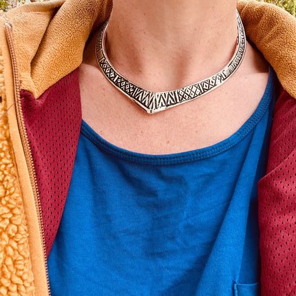 Ethnic Choker Silver Necklace / Rustic / Gypsy / Lightweight / Boho / Tribal / Hippie / Rustic / Vegan / Aztec