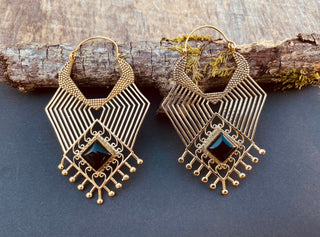 Ethnic Inca Black Onyx Silver Earrings / Tribal / Rustic / Yoga / Hippie / Gypsy / Psy / Boho / Bohemian / Festival / Black Stone