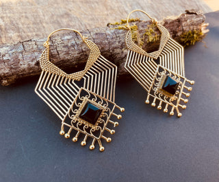 Ethnic Inca Black Onyx Silver Earrings / Tribal / Rustic / Yoga / Hippie / Gypsy / Psy / Boho / Bohemian / Festival / Black Stone
