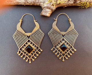 Ethnic Inca Black Onyx Silver Earrings / Tribal / Rustic / Yoga / Hippie / Gypsy / Psy / Boho / Bohemian / Festival / Black Stone