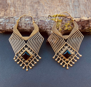 Ethnic Inca Black Onyx Silver Earrings / Tribal / Rustic / Yoga / Hippie / Gypsy / Psy / Boho / Bohemian / Festival / Black Stone