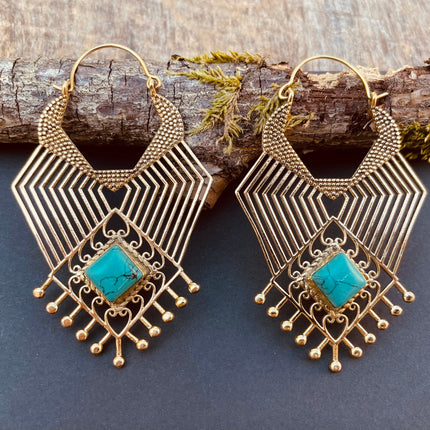 Ethnic Inca Turquoise Brass Earrings / Tribal / Rustic / Yoga / Hippie / Gypsy / Psy / Boho / Bohemian / Festival