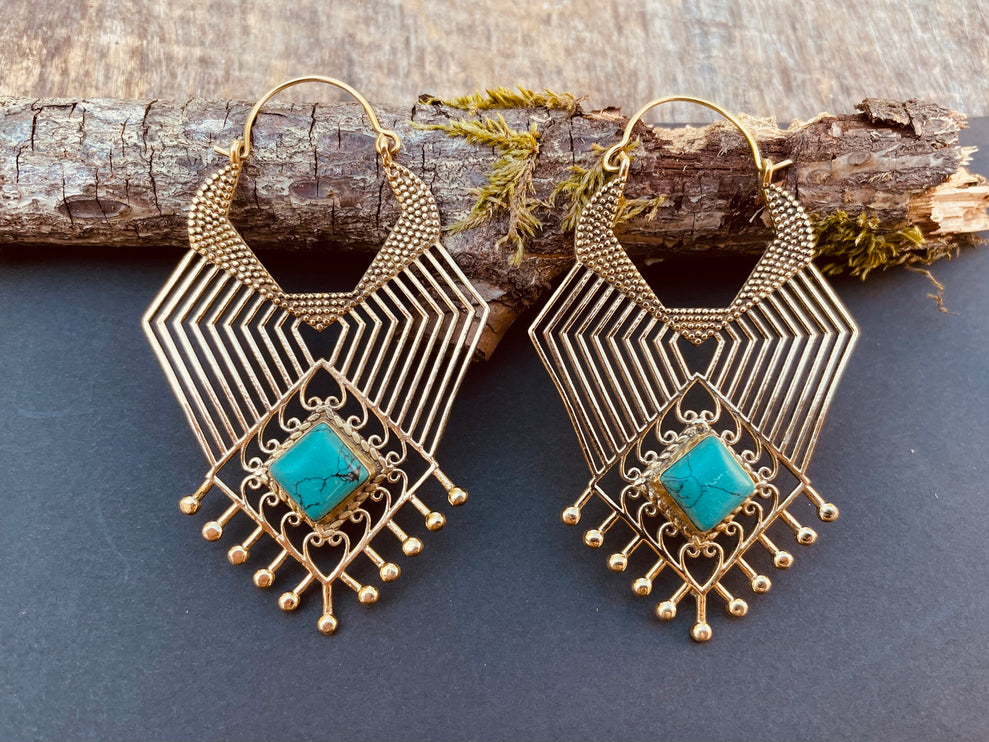 Ethnic Inca Turquoise Brass Earrings / Tribal / Rustic / Yoga / Hippie / Gypsy / Psy / Boho / Bohemian / Festival