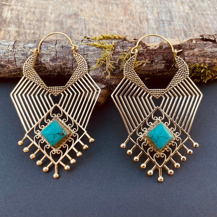 Ethnic Inca Turquoise Brass Earrings / Tribal / Rustic / Yoga / Hippie / Gypsy / Psy / Boho / Bohemian / Festival