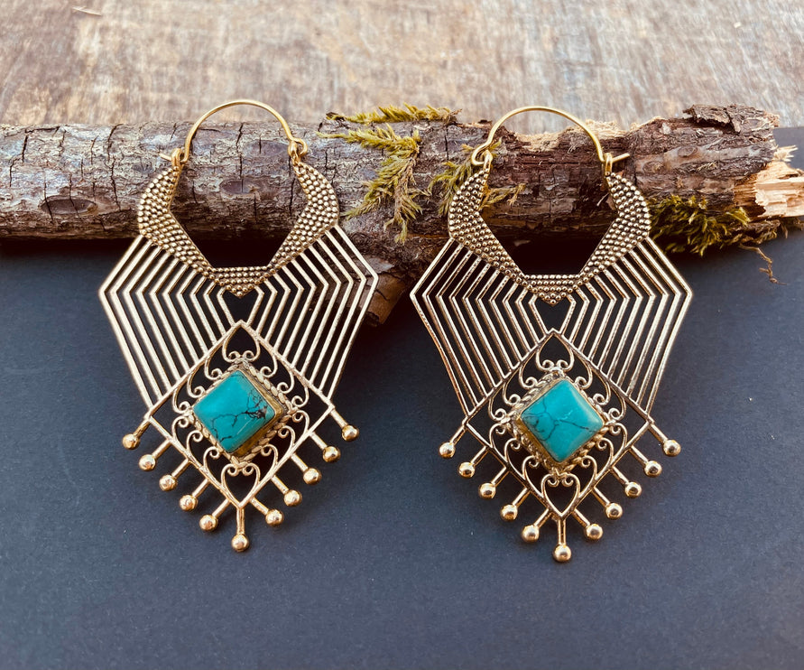 Ethnic Inca Turquoise Brass Earrings / Tribal / Rustic / Yoga / Hippie / Gypsy / Psy / Boho / Bohemian / Festival