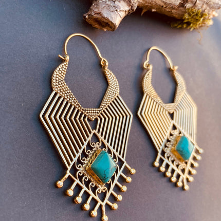 Ethnic Inca Turquoise Brass Earrings / Tribal / Rustic / Yoga / Hippie / Gypsy / Psy / Boho / Bohemian / Festival